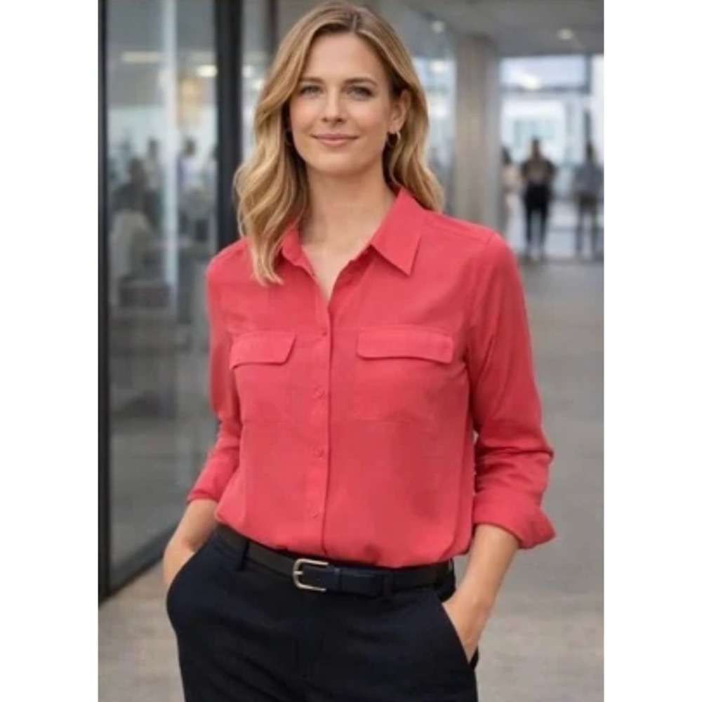 Ann Taylor 100% Silk Polished Capsule Wardrobe Blouse Coral‎ Pink, Size Large